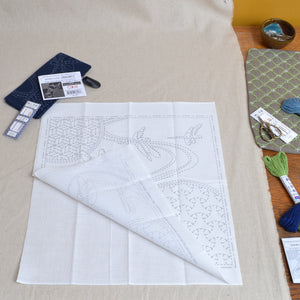 showing both sides of white sashiko dragonfly cotton cloth design