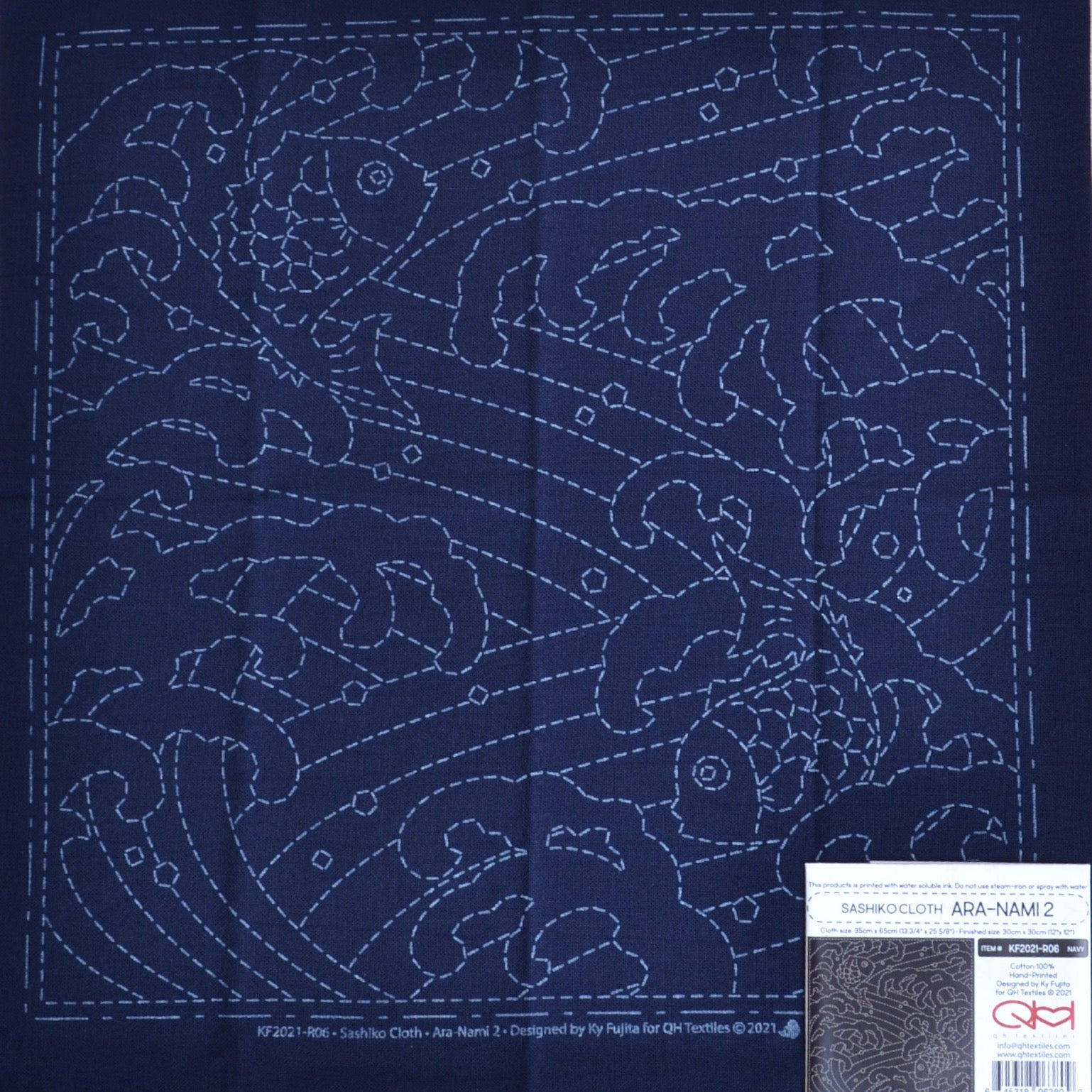 Pre printed ready to stitch sashiko cloth, waves with fish
