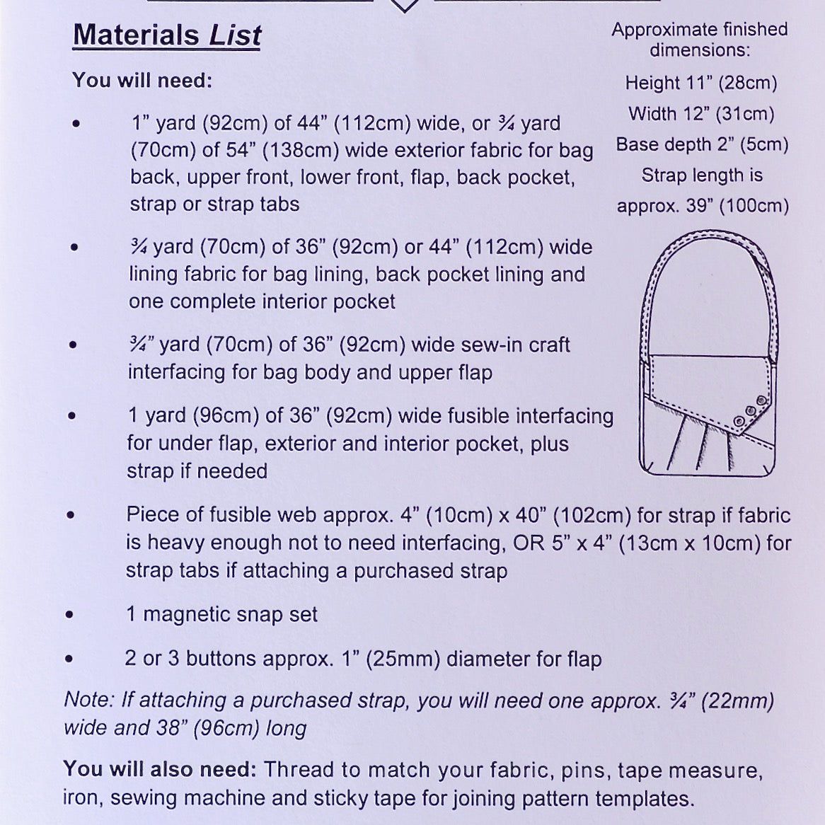 Materials list for Reepham Messenger Bag
