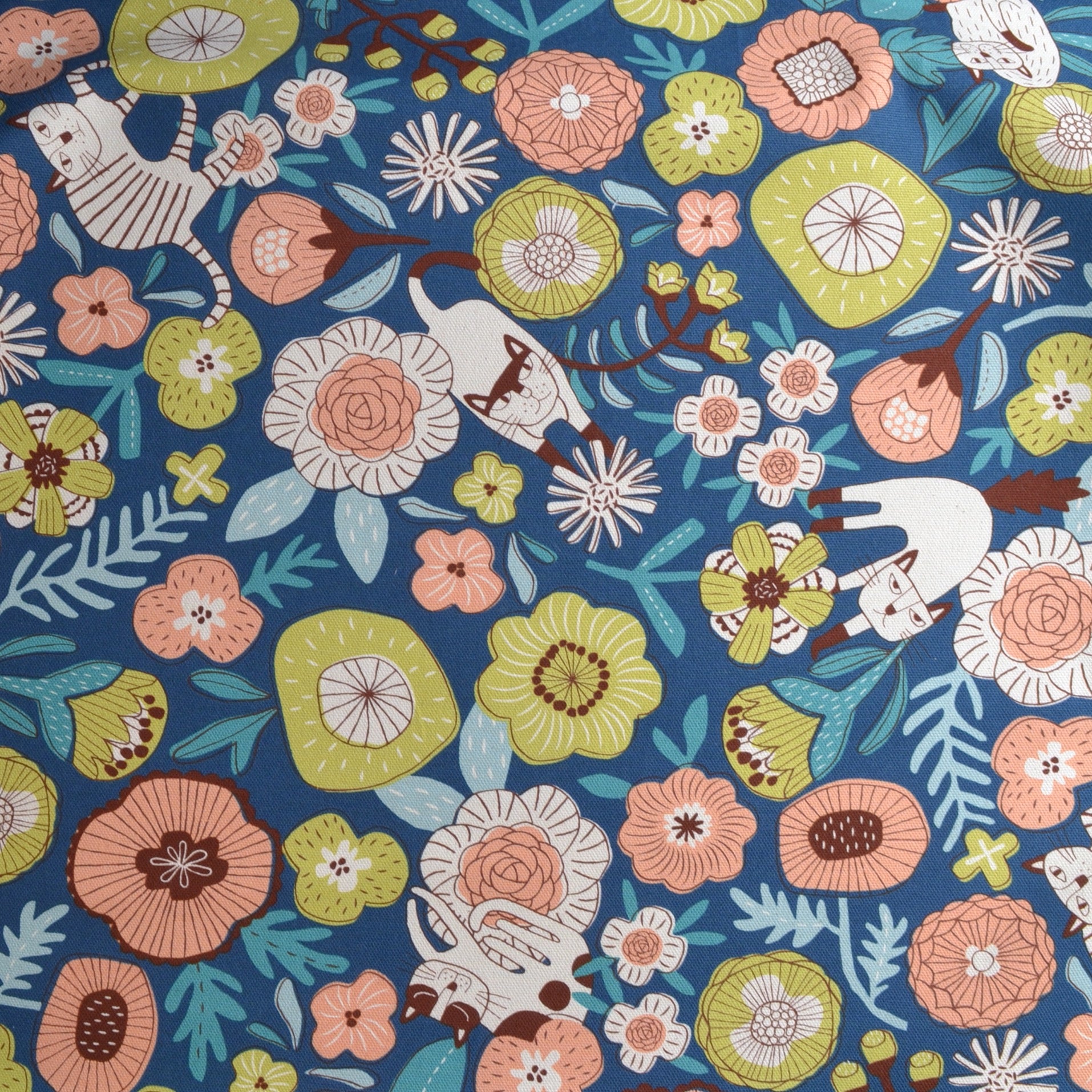 Stylised Cats & Flowers on Cotton Fabric