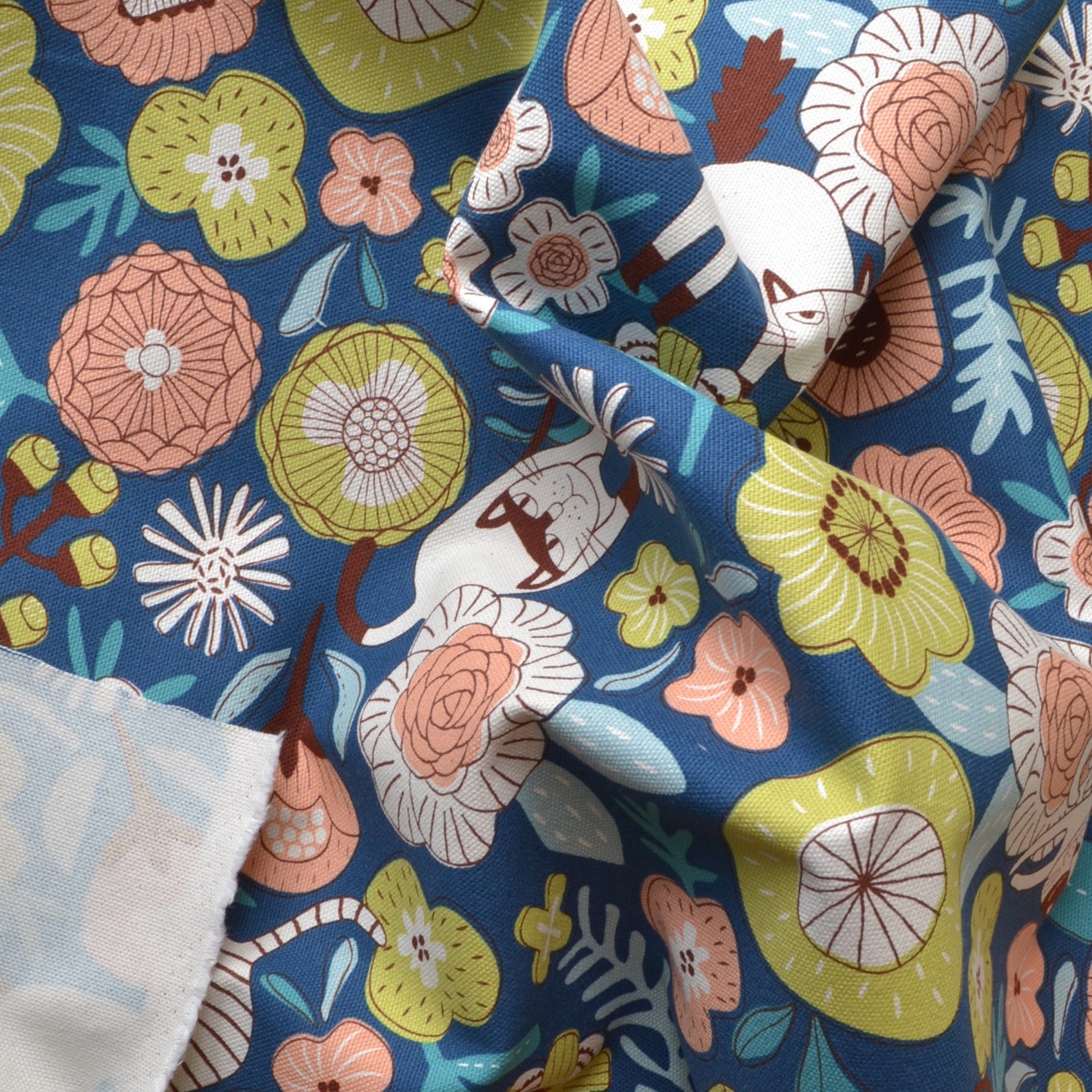 Stylised Cats & Flowers on Cotton Fabric