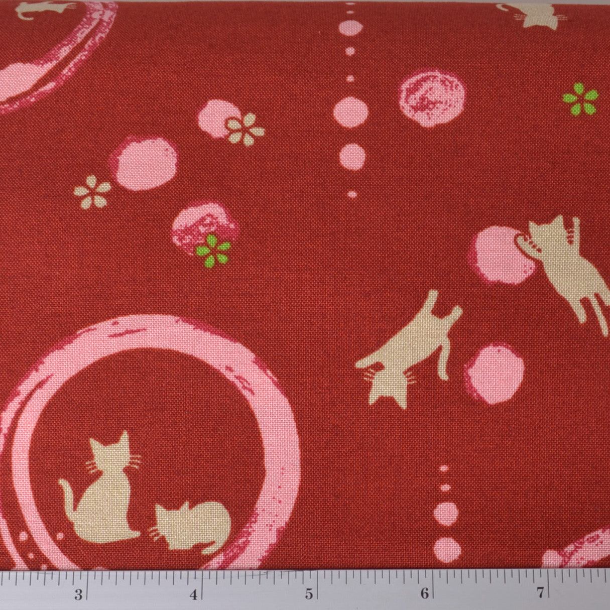 red cotton fabric with kittens