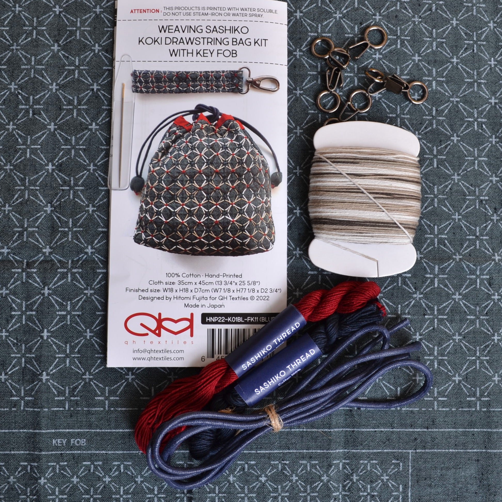 sashiko drawstring bag with koki hardware, threads & cord kit