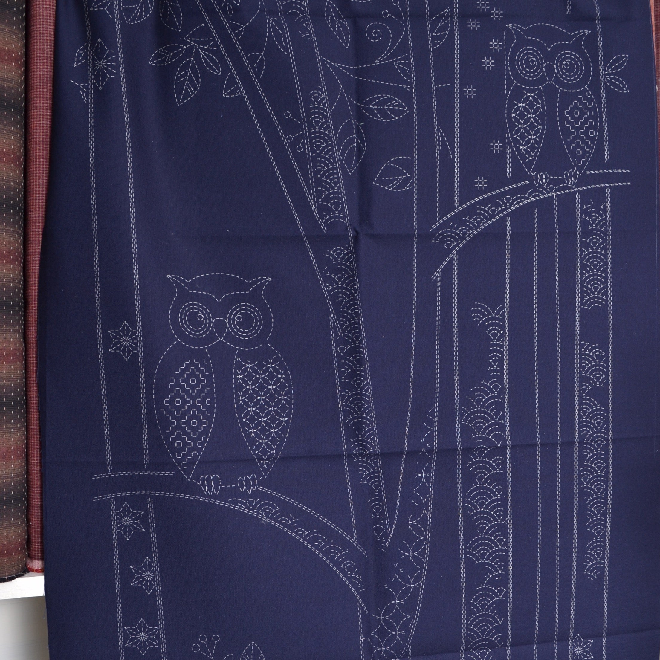 sashiko owl panel, ready to stitch design