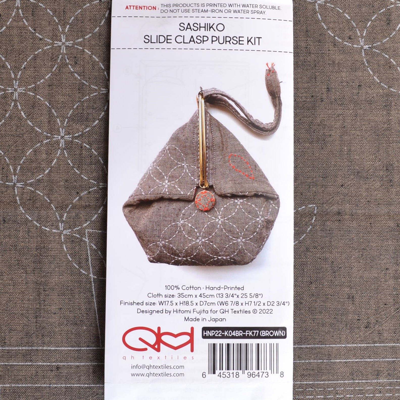 Sashiko Slide Clasp Pouch Kit, Earth Brown Cotton Fabric