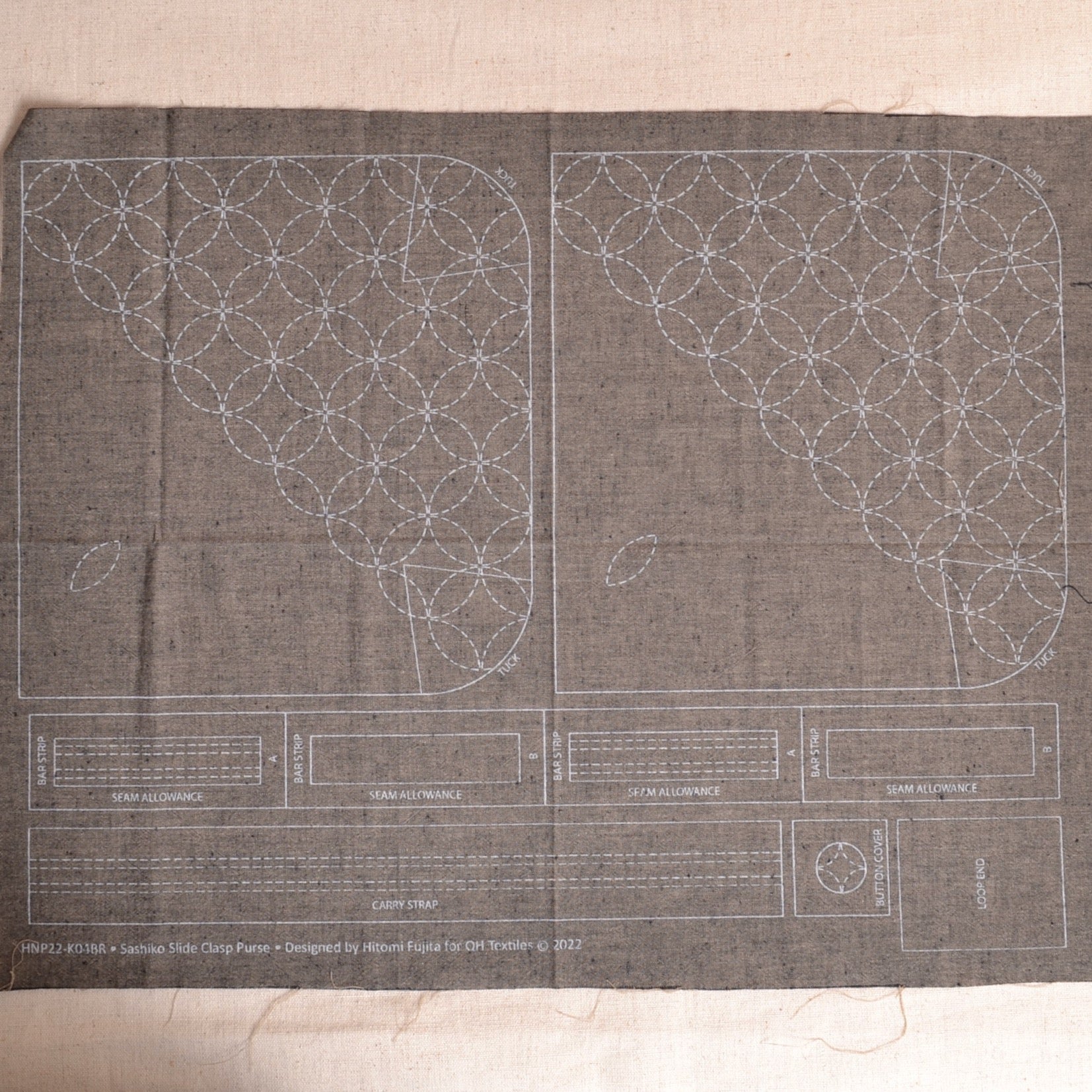 Sashiko Slide Clasp Pouch Kit, Earth Brown Cotton Fabric
