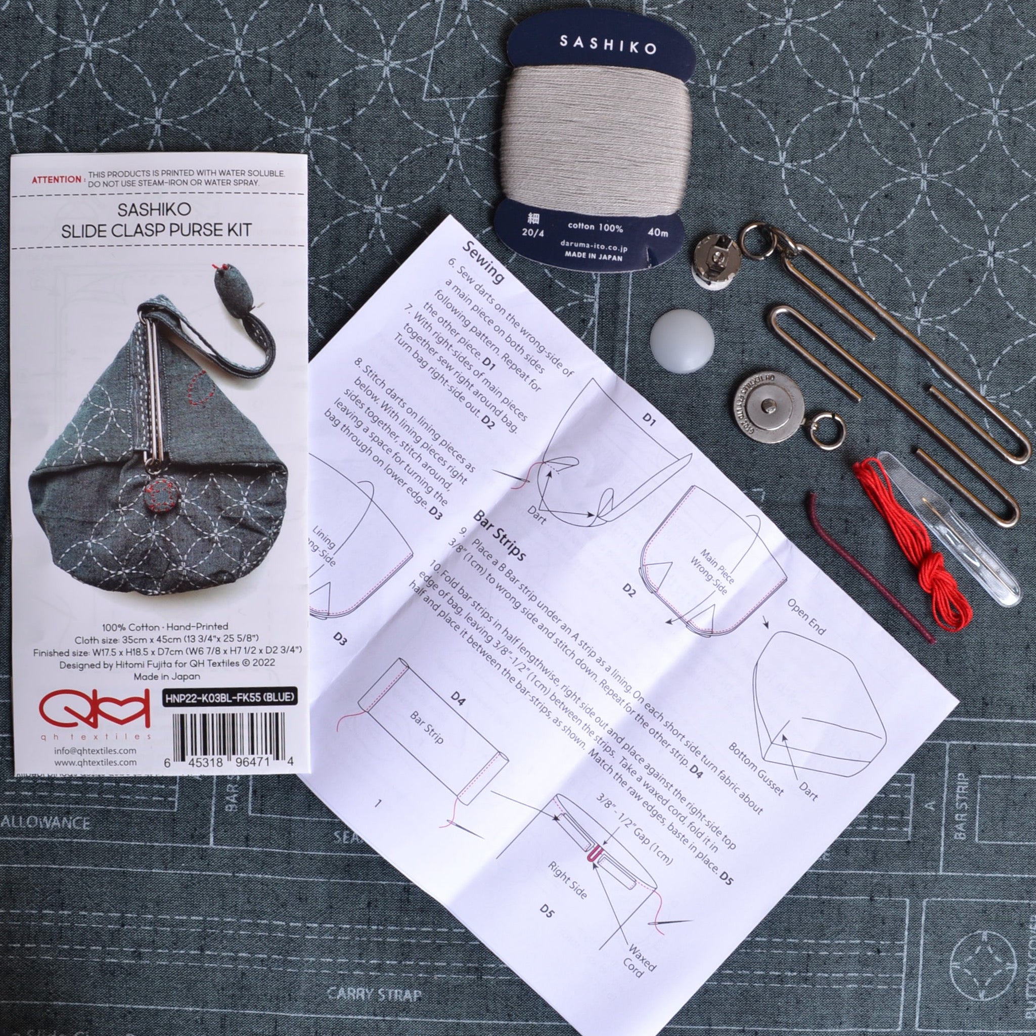 Kurguri sashiko slide clasp pouch kit