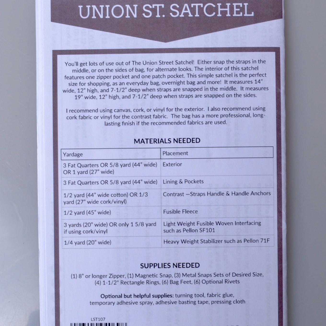 Union St. Satchel Pattern