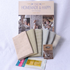 Homemade and Happy Book and kit including dyed yarn fabric bundle, thimble and needles