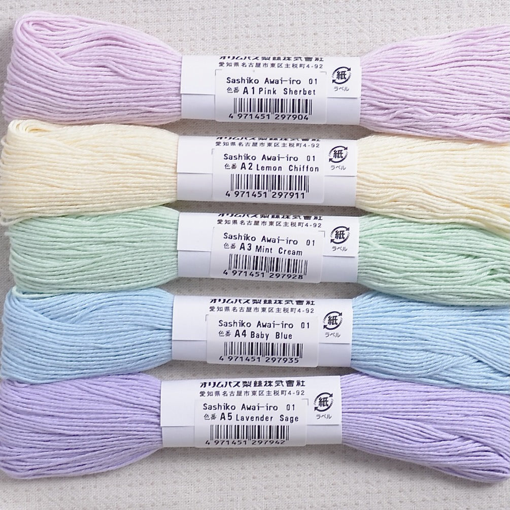Pale colour sashiko thread showing colour numbers 