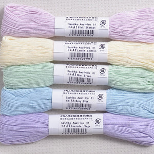 Olympus Awai-iro (pale colour) sashiko threads showing colour numbers