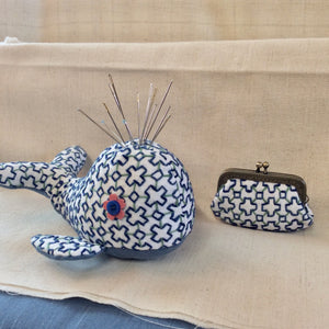 stuffed whale sewn from Khitomezashi stitched fabric