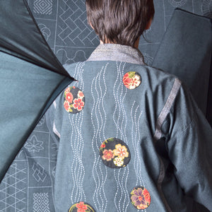 Sashiko stitched coat  made from grey/blue Tsumugi fabric